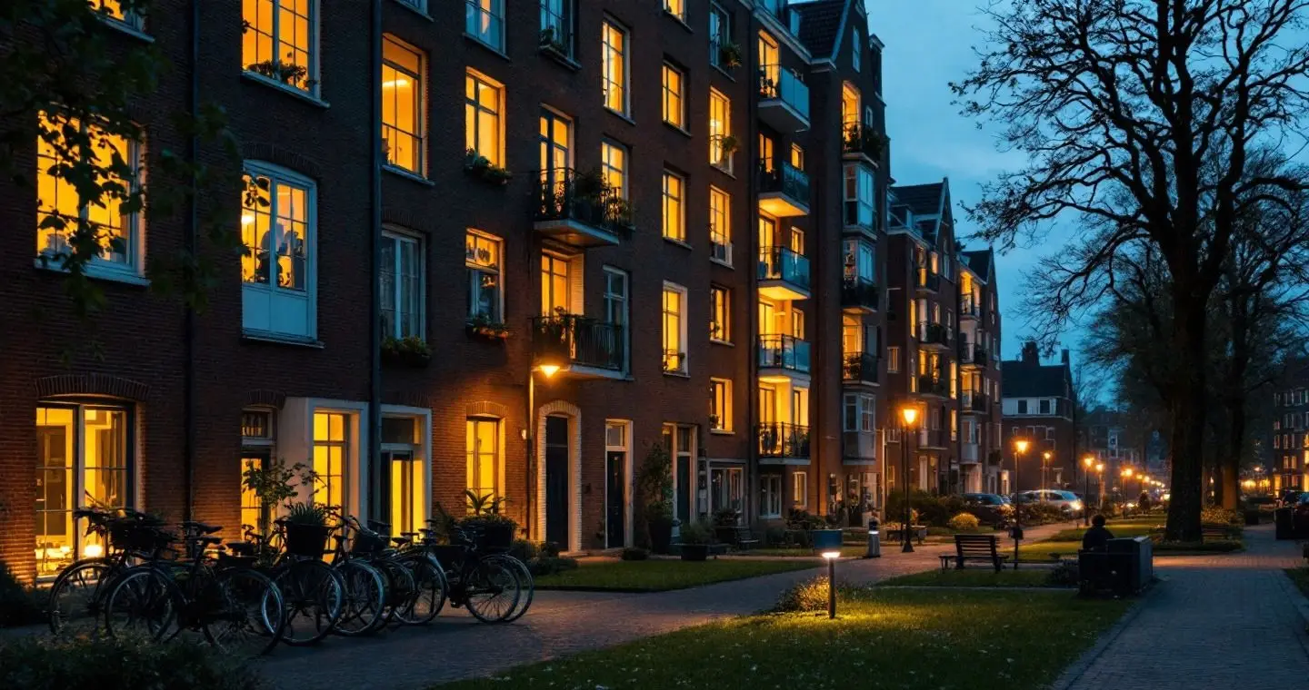 Een groot appartementencomplex in de schemering met veel verlichte ramen, fietsen in een rek en een pad met lantaarns