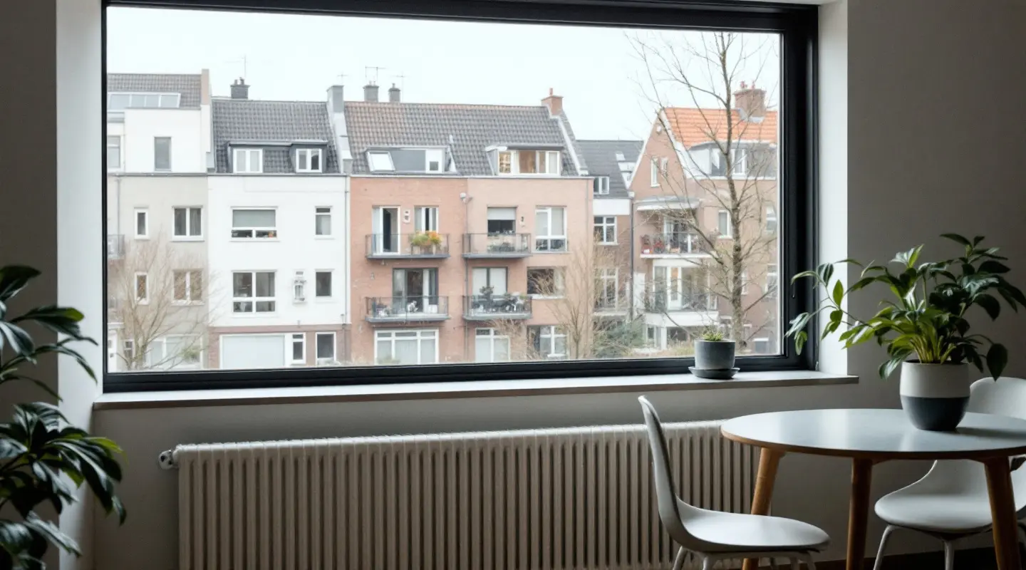Een woonkamer in een appartement met een breed nieuw raam dat uitkijkt op een binnenhof met andere appartementen