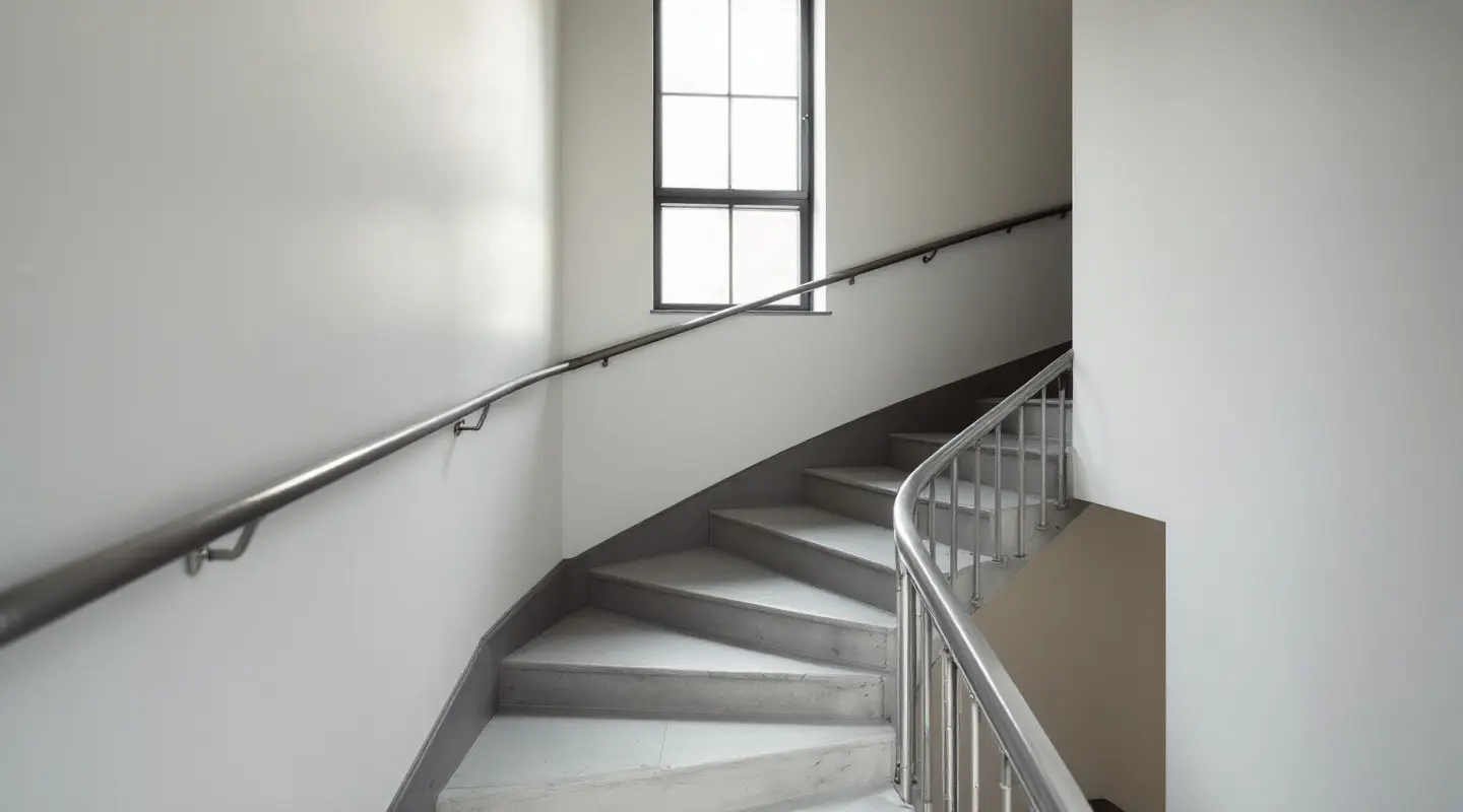 Het trappenhuis van een appartementengebouw: grijze betonnen treden met een stalen leuning die naar boven draaien, en een nieuw raam dat daglicht binnenlaat