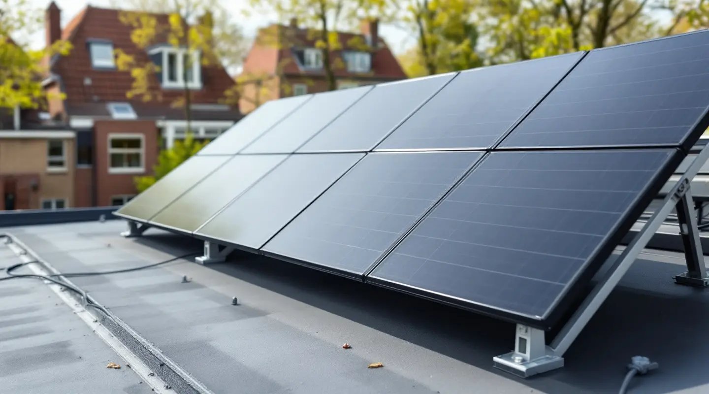 Rijen zwarte zonnepanelen op lage frames op het platte dak van een appartementengebouw, met rode pannendaken en bomen erachter