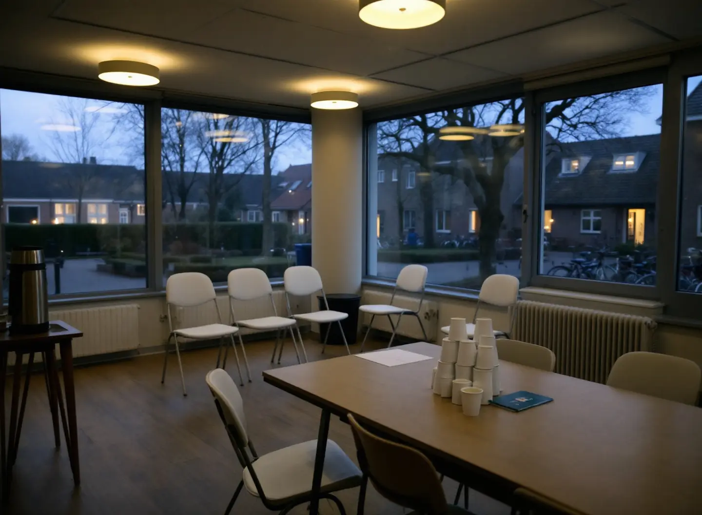 Een lege ontmoetingsruimte in een appartementencomplex in de avond, met stoelen rond een lange tafel en een thermoskan met bekers