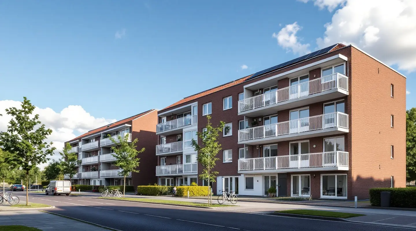 Gerenoveerde appartementengebouwen van rode baksteen met witte balkons en zonnepanelen op het dak, aan een rustige straat met jonge bomen, in de zon