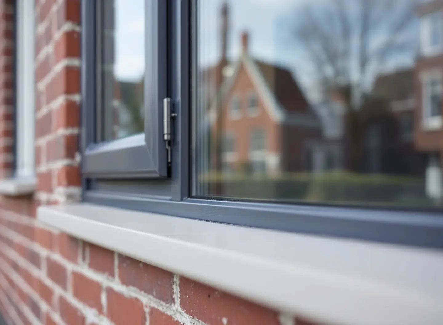 Een nieuw donkergrijs kozijn met drie lagen glas in een oude rode bakstenen muur, met een nieuwe vensterbank